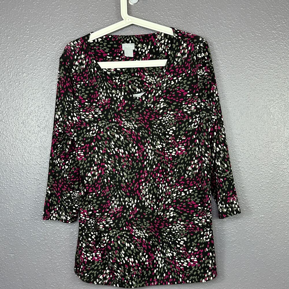 Chico’s Top size 2 Medium Droplets High Wide Tee Top Black Pink Gray 3/4 Sleeves